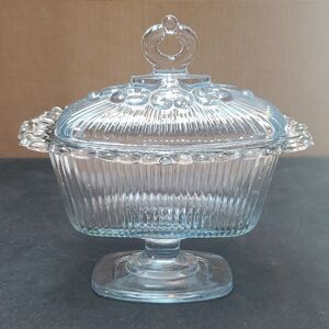 Indiana Glass Pedestal Lidded Candy Box Open Lace Edge Ice Blue